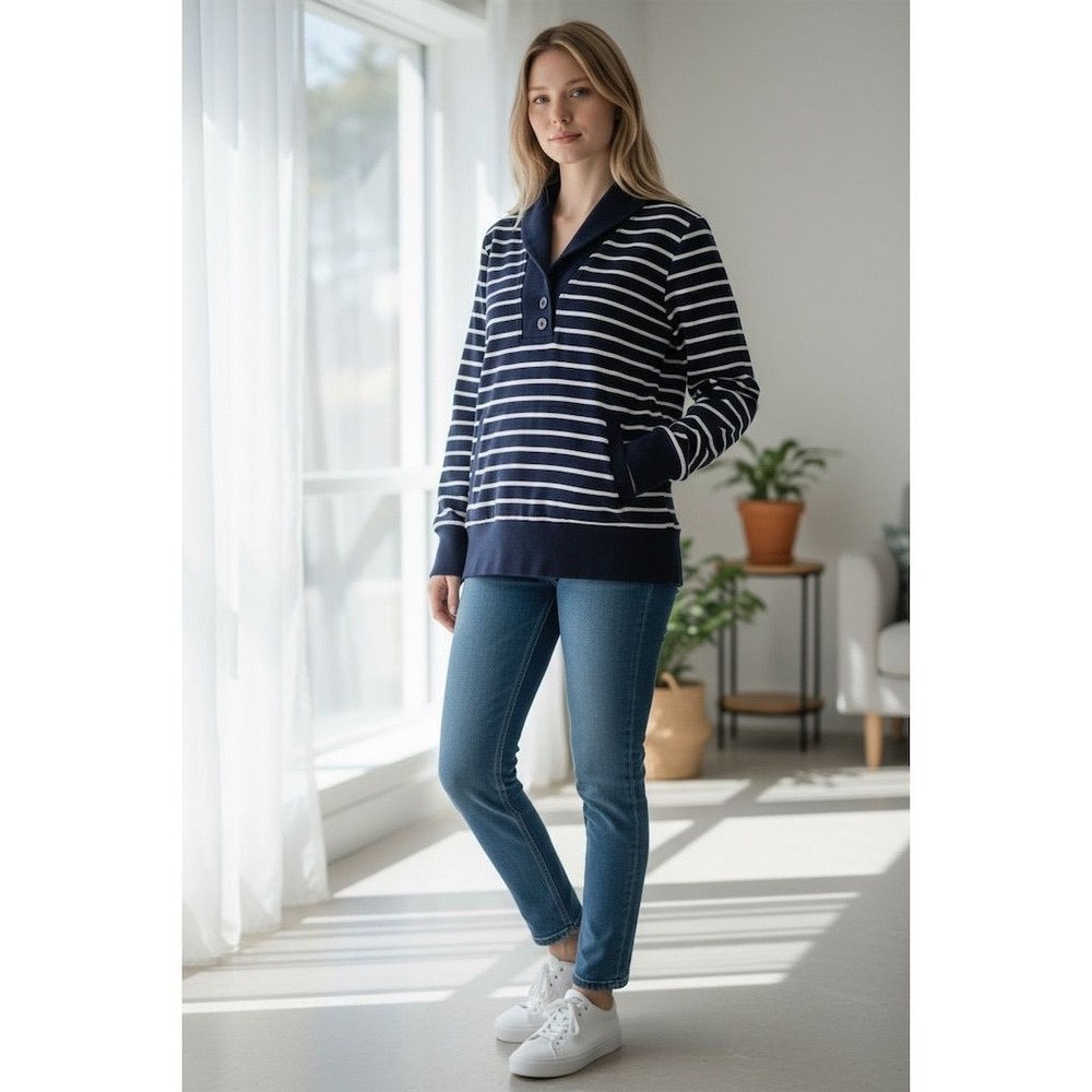 Banana Republic Women's Striped Shawl Collar Pullover Sweater M Blue preppy